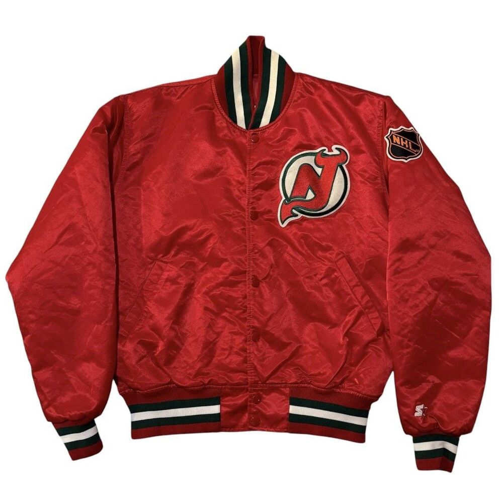 Vintage 90s New Jersey Devils Starter Satin Jacket Large NHL Center Ice USA Red